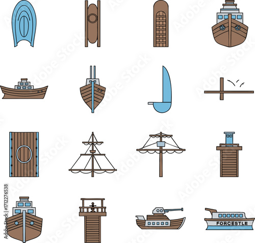 Collection of various boats and ships depicted with simple lines and colors representing maritime transport on white, conveying a nautical theme.