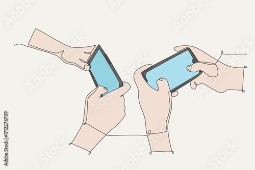 Colored hands playing competitive mobile games. Co‑op game concept one-line drawing