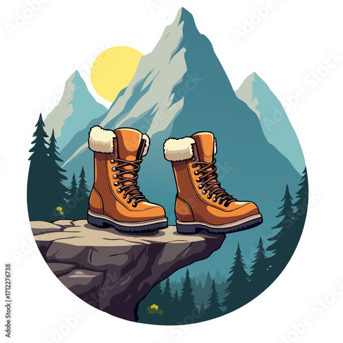Hiking boots on a cliff with mountains landscape and sun illustration outdoor footwear adventure gear 100 char