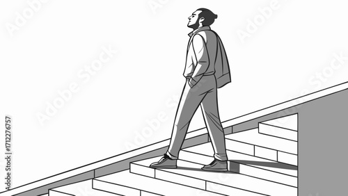 Man ascending stairs looking up hopeful future ambitious goal success concept illustration.