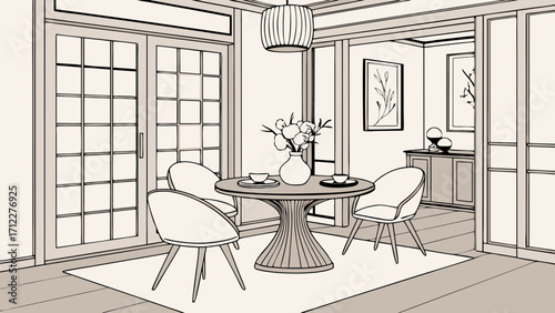 Minimalist Dining Room Interior Design Sketch Modern Table and Chairs Elegant Home Decor Illustration.