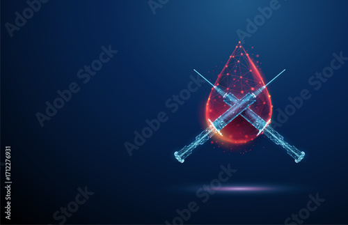 3d blue two crossed syringes in front of blood drop. Diabetes care, medical treatment, vaccination, immunization, healthcare, prevention concept.