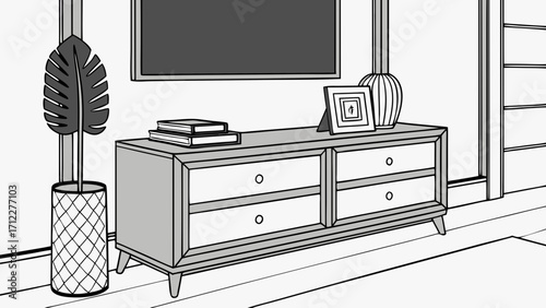 Modern Home Interior Design Stylish Chest of Drawers with Decor Minimalist Living Room Illustration.