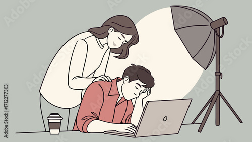 Stress burnout office workplace support comfort colleague teamwork laptop computer tired fatigue exhaustion work employee friendship help care encouragement understanding prof.