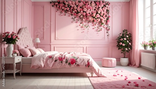 Pink bedroom filled with roses