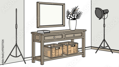 Studio Interior Design with Console Table Mirror and Lighting Setup.