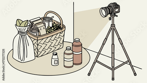 Studio Food Photography Setup Camera Basket Bottles and Products.