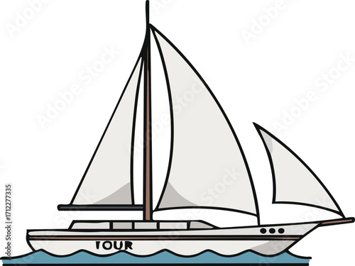 Sailboat cruises along the calm blue sea with white sails on a sunny day, offering a peaceful and relaxing experience.