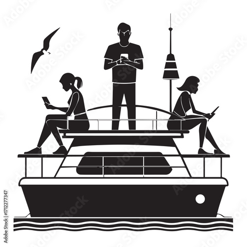 Silhouette of people on a boat using mobile device, with a bird flying nearby