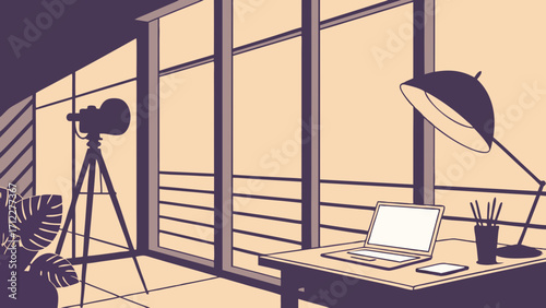 Modern Home Office Workspace with Laptop Large Window and Studio Lighting.