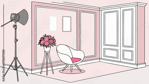 Studio Interior Design Pink Room Photography Setup Chair Flowers Lighting Equipment Elegant Decor Minimalist Style Home Interior Illustration Modern Furniture Soft Pink Walls White Tri.