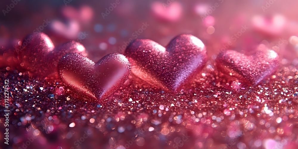 Fototapeta premium Pink glittery hearts on sparkling background with bokeh effect, romantic Valentine's Day concept for greeting cards and festive decorations.