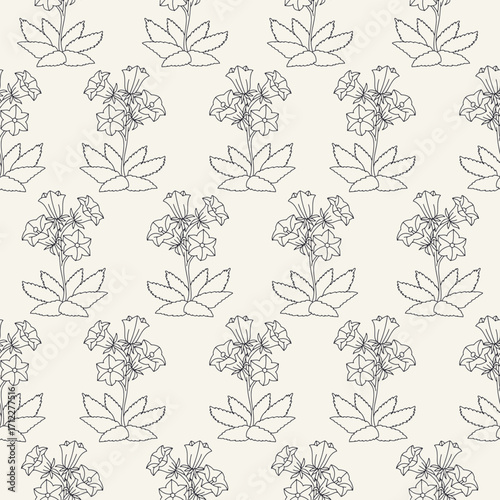 Seamless pattern with black and white canary islands flowers bellflower in vintage millefleur style