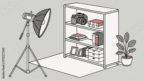 Studio Photography Setup Camera Lighting and Shelves with Books and Frames.