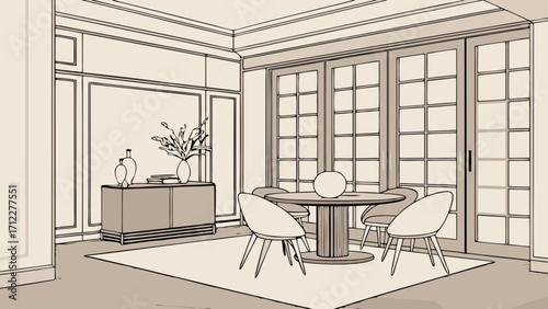 Modern Interior Design Sketch Dining Room with Sliding Doors and Contemporary Furniture.