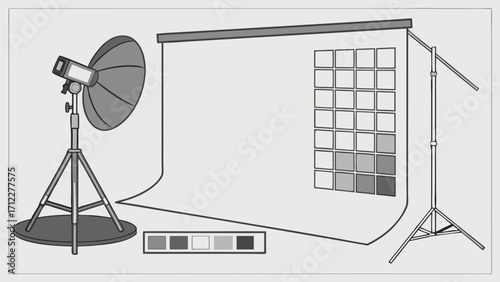 Studio Photography Setup Lighting Equipment Backdrop and Color Chart Illustration.