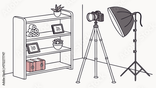 Studio Setup with Camera on Tripod and Lighting Equipment Illustration.