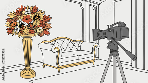 Studio Setup with Camera Sofa and Floral Arrangement.
