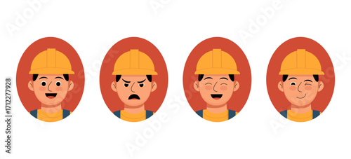 Construction worker emoji set with different emotions. Vector illustration of construction worker faces in hard hat showing various emotions like happy, angry, laughing, and winking expressions.