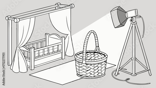 Studio setup with crib basket and lighting equipment perfect for baby photography product photography or newborn photography illustration.