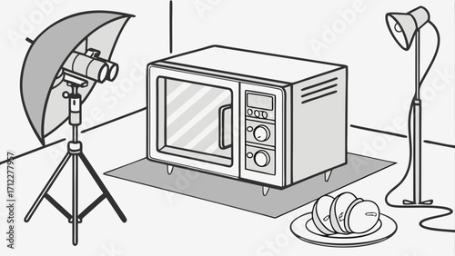 Studio Setup with Oven and Lighting Equipment Product Photography Food Styling Home Appliance Illustration.