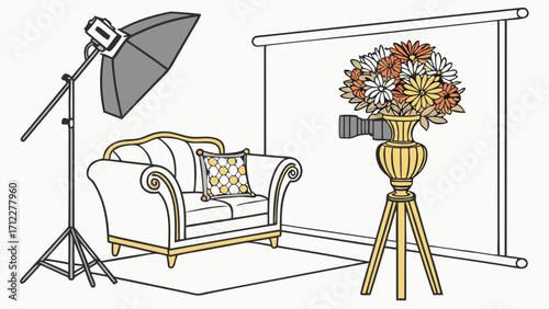 Studio Setup with Chair Flowers and Lighting Equipment Illustration.