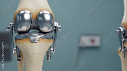 Medical Illustration of a Knee Joint Replacement Showing Bone Structure and Metallic Components against a Teal Background