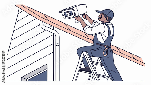 Technician Installing Security Camera on Building Exterior Home Safety CCTV Surveillance System Illustration.