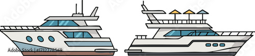 Two yachts sit side by side, docked in a marina, showcasing luxury and maritime lifestyle with their sleek designs and pristine condition.