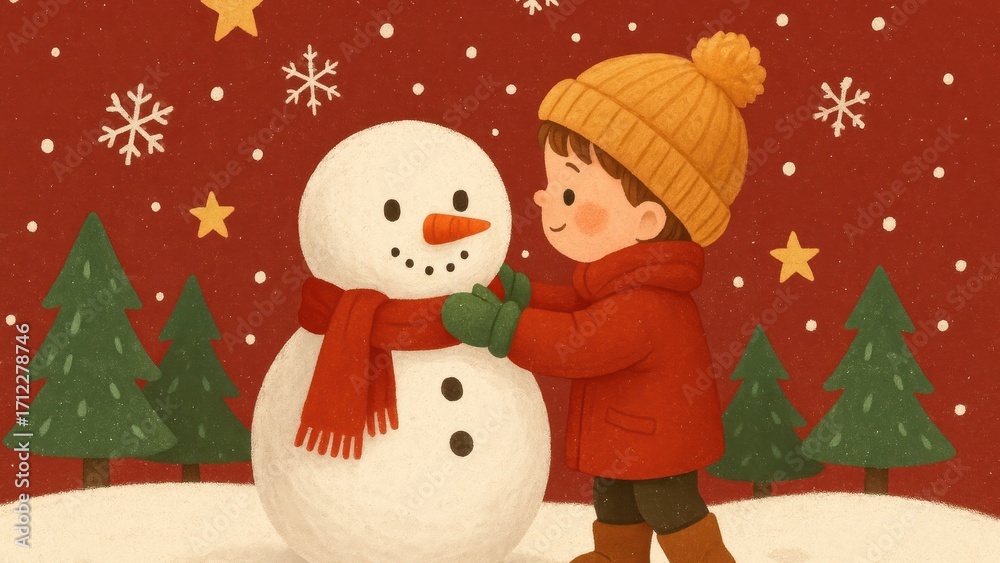 Fototapeta premium Child builds snowman under stars.