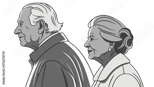 Profile illustration of a senior couple grayscale portrait elderly man and woman vector art relationship love companionship aging mature togetherness old age monochrome black and whit.