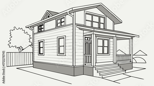 Two-Story House with Porch Simple Line Drawing Residential Home Illustration Architectural Design Sketch.