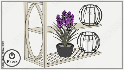 Two-tiered shelf with purple flowers candles in cage lanterns home decor illustration.