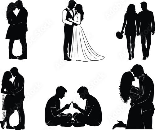 Romantic couple silhouette vector set, kissing, hugging, walking, sitting, intimate poses, love illustration for Valentine’s Day, wedding, relationship, stock design