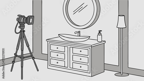 Video camera on tripod in modern bathroom interior design illustration.