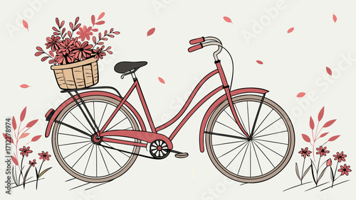 Vintage bicycle with flower basket floral design spring summer illustration.