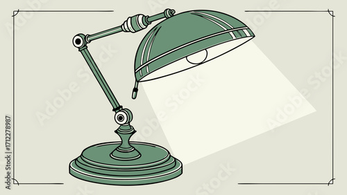 Vintage Desk Lamp Illustration Green Metal Design Adjustable Arm Office Lighting Home Decor Light Beam Reading Lamp Interior Design Element.
