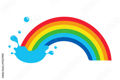 A vibrant, colorful illustration of a rainbow arching through a blue sky with clouds and rain