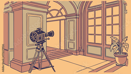 Vintage Movie Camera in Grand Interior Setting.