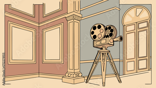 Vintage Movie Projector in Classic Interior Setting Filmmaking Equipment Retro Cinema Nostalgia Art Deco Style.