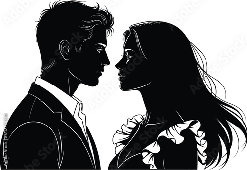 Romantic couple silhouette, emotional moment, black and white vector art, intimate gaze, dramatic contrast, love illustration, elegant fashion, expressive pose, stock design