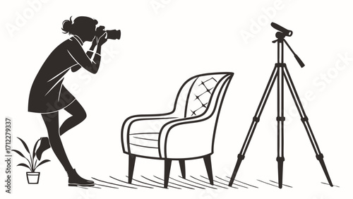 Woman photographer taking picture of armchair with tripod and camera in studio.
