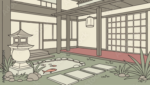 Serene Asian-inspired Courtyard with Pond and Stone Pathway Illustration.