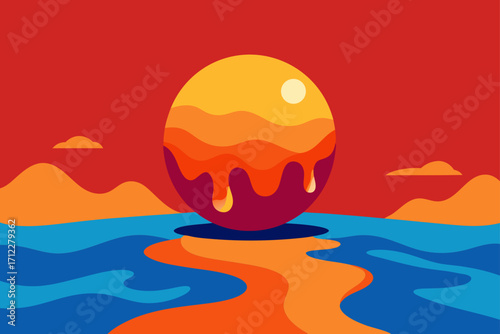 Vector illustration of a vibrant Easter egg on the water reflecting the colors of a stunning sunset over the ocean