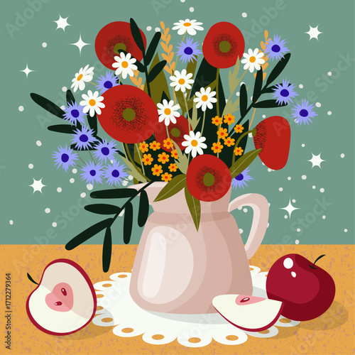 Summer still life with wildflowers bouquet and apples. Vector illustration