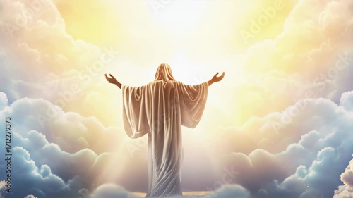 Jesus Christ in Heaven with Arms Raised Toward God, Divine Light and Clouds, Epic Ascension and Christian Faith Concept
