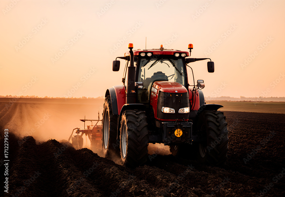 Fototapeta premium Red tractor plowing field at sunset 