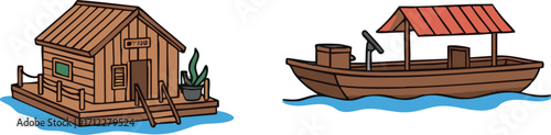 Wooden house and boat floating on water, representing simple lifestyle and connection to nature, creating a peaceful and serene atmosphere.