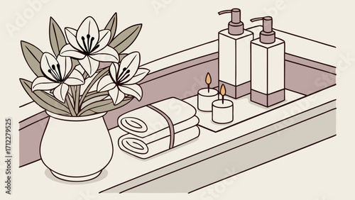 Spa Relaxation Candles Flowers and Towels in a Modern Setting.