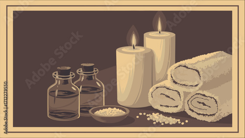 Spa Treatment Still Life Candles Oils Towels and Salts Illustration.